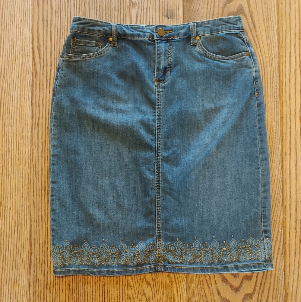 Christopher & Banks Denim Skirt Embellished Western Size 10P Petite